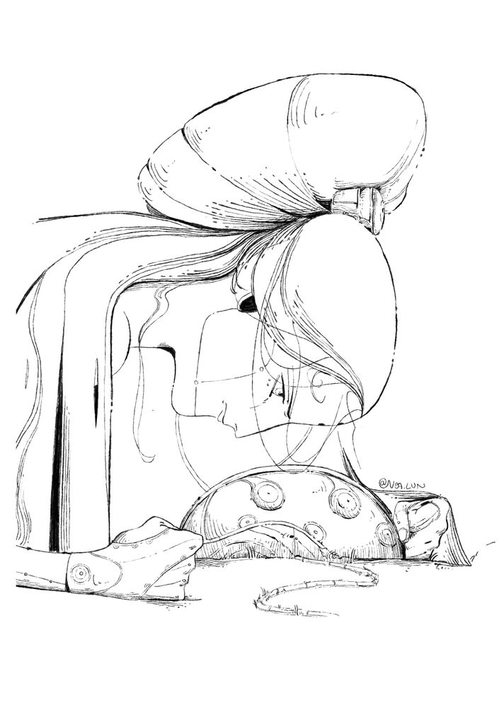 A character looking down at a sort of egg buried in the ground 