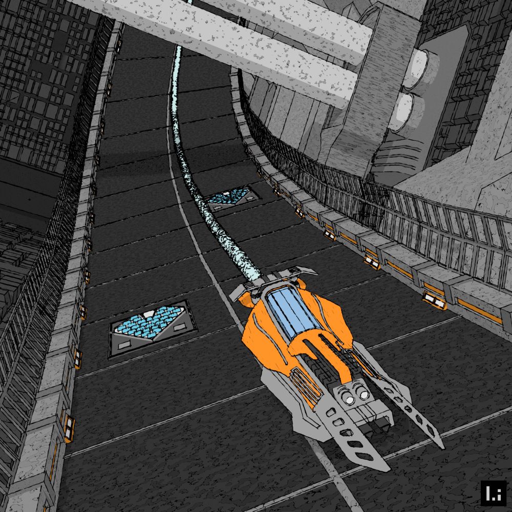 A sci-fi vehicle for racing going down a road with boost pads on the floor