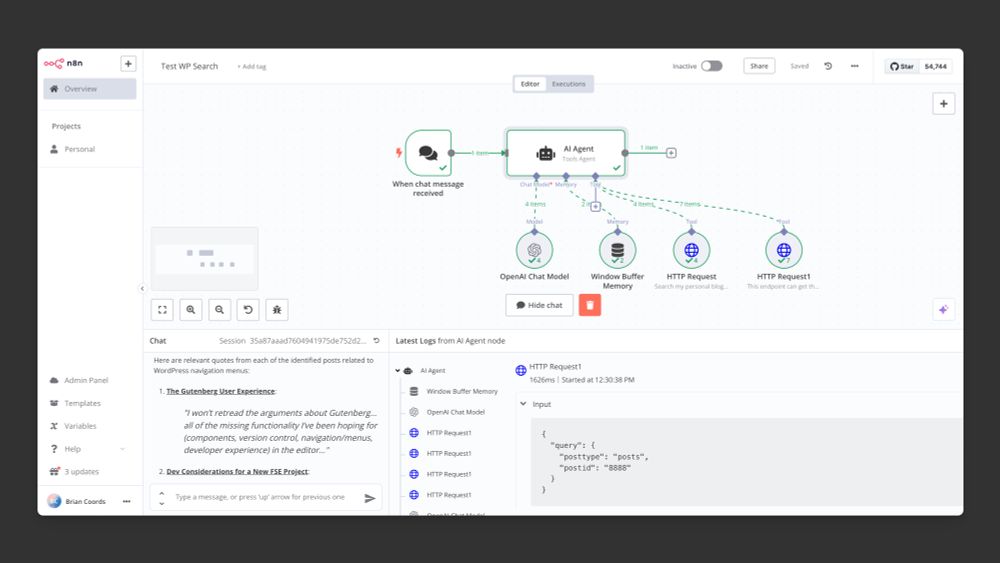  Screenshot of an n8n workflow interface showing a “Test WP Search” automation process. The workflow diagram connects nodes including “When chat message received,” “AI Agent,” “OpenAI Chat Model,” “Window Buffer Memory,” and “HTTP Request.” The right panel displays logs and input data, while the left sidebar lists admin options like templates and variables.