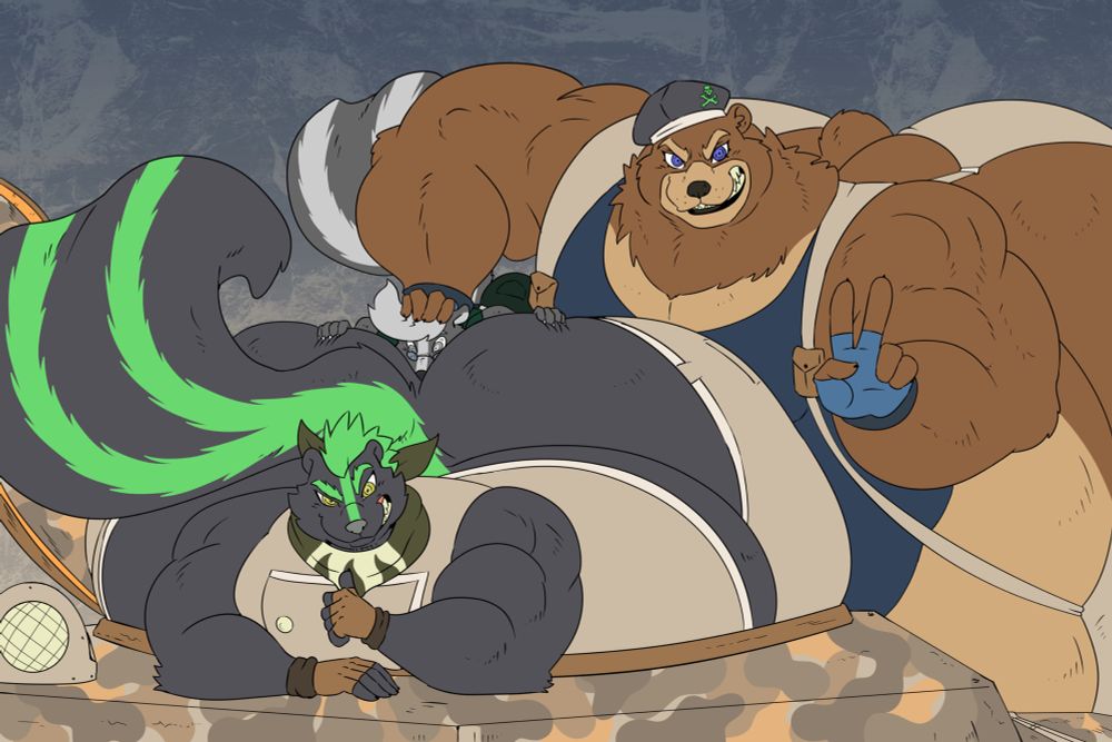 Frenzy (dark gray skunk) and Hakon (brown bear) smile and pose for the camera for their mercenary group. Frenzy emerges from the hatch of tank with a thumbs up while Hakon is behind holding up a peace sign with one hand; the other hand is holding Ray (gray skunk) face deep in between Frenzy’s butt.