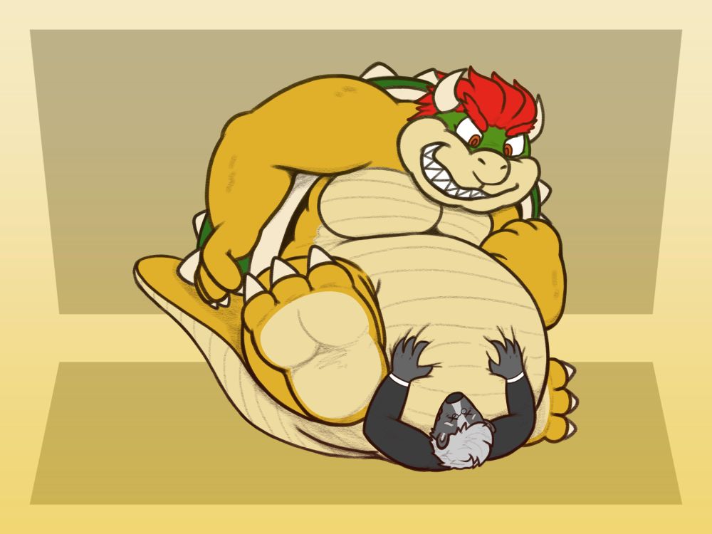 Bowser (Nintendo Character) smiling menacingly on top of Ray (Gray Skunk). Bowser clenches a fist and hikes a leg, while Ray desperately grips onto his pudgy belly.
