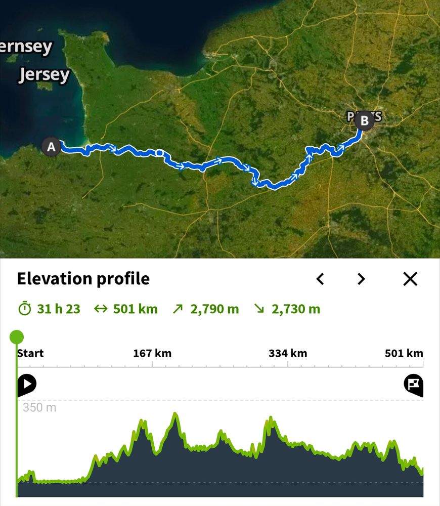 Cycle route following Eurovelo 4 for the beginning and then the La Veloscenie after from St Malo to Paris 