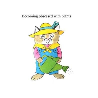 A cat , drawn in the style of Richard Scarry children’s books, holding a garden watering pail. 