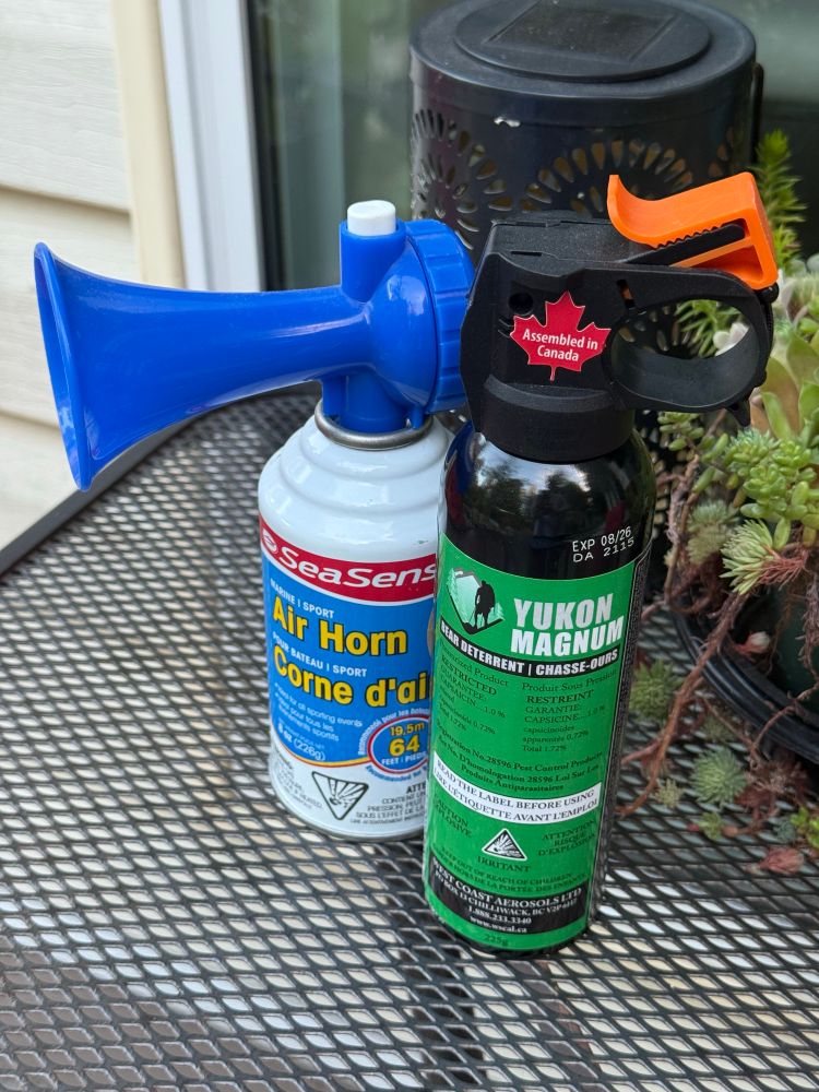Air horn and bear spray to mildly and less mildly explain to bears they shouldn’t linger too long in the author’s backyard.