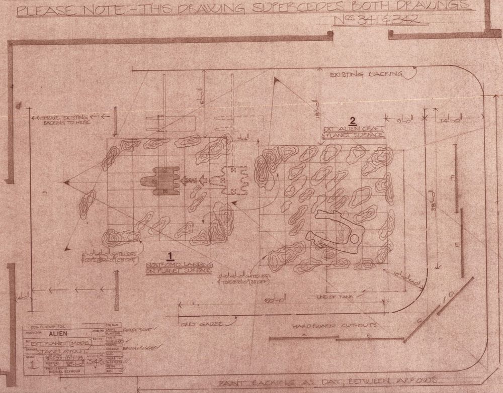 A vintage, hand-drawn technical blueprint on brownish paper, detailing set plans for the 1979 film "Alien."

The drawing shows the layout for two miniature model sets. On the left, a section labeled "1 NOSTROMO LANDING ON PLANET SURFACE" displays a top-down view of the Nostromo's landing gear on a grid. On the right, a section labeled "2 EXT. ALIEN CRAFT ON PLANET SURFACE" outlines the iconic, horseshoe-shaped derelict alien ship surrounded by a rocky, alien landscape.

