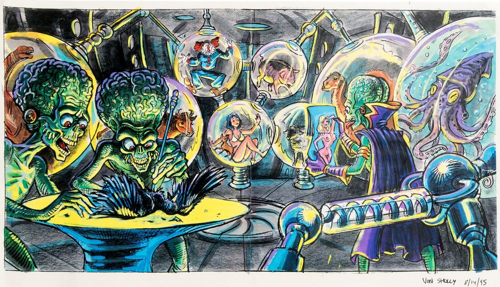 A vibrant and chaotic illustration in the pulpy, grotesque style of "Mars Attacks!", signed and dated 8/14/95.

The scene is an alien laboratory run by the iconic green-skinned, big-brained Martians. In the foreground, two Martians with sadistic expressions are hunched over a table, dissecting a black bird. To the right, another Martian wearing a purple cape holds an erotic magazine.

The background is filled with large, transparent spheres, each holding a different captive specimen ready for experimentation. These include various animals like a bull and a camel, a man in a clown costume, a woman in a bikini, and a large, purple octopus-like creature. The overall tone is a blend of dark humor and B-movie horror.