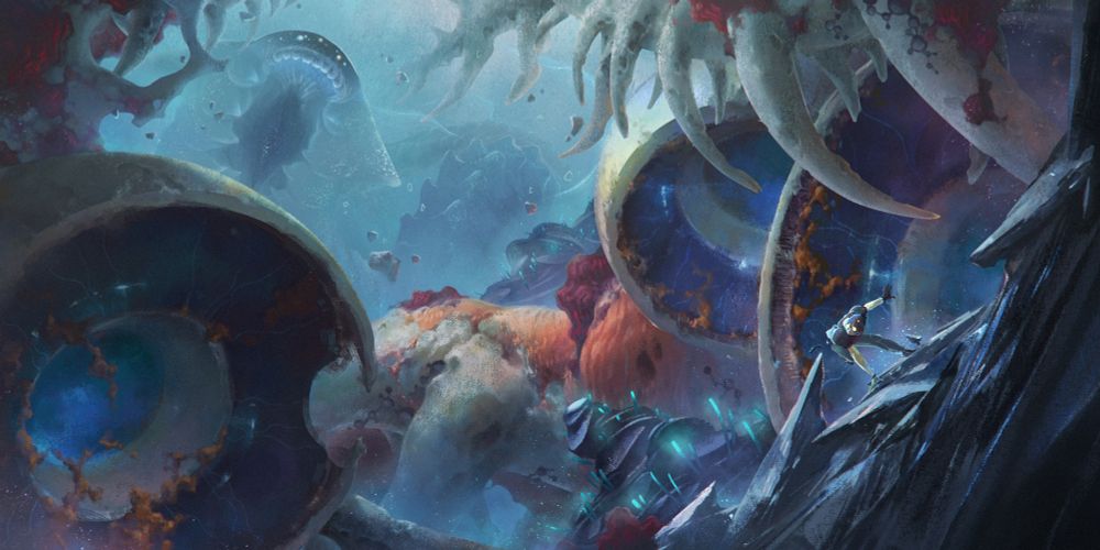 A digital painting of a vast, alien, outer-space landscape. A tiny figure in a white and yellow spacesuit flies towards the right, dwarfed by enormous, pod-like organic structures. These pods, open to the viewer, have a bio-mechanical interior that glows with blue, circuit-like patterns. Large, pale tentacles hang from the top, and colorful, coral-like formations dot the background in a blue, misty atmosphere.