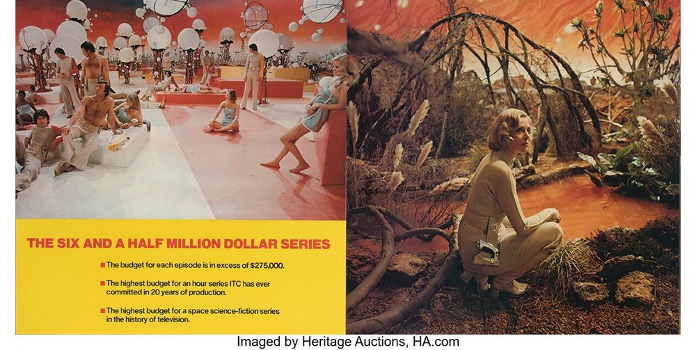 This is a two-page promotional brochure advertising a science fiction television series by highlighting its immense production budget. While the show's title isn't explicitly mentioned on these pages, the visuals and the producer (ITC) confirm it is for 