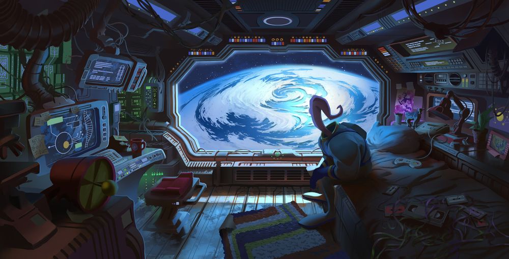 A beautifully illustrated, atmospheric interior of a lived-in spaceship cabin.

On the right, a non-human or alien figure sits on a messy bed, looking out a large central window. The window reveals a breathtaking view of a massive blue and white planet, distinguished by a giant, swirling vortex of clouds at its center, set against the blackness of space.

The cabin itself is a cozy but cluttered mix of high-tech and personal items. On the left, a computer console with glowing screens is active. The room has exposed wiring, a colorful striped rug on the floor, and various personal belongings scattered about. The primary source of light is the cool, blue glow from the planet, casting long shadows and creating a contemplative and peaceful mood.