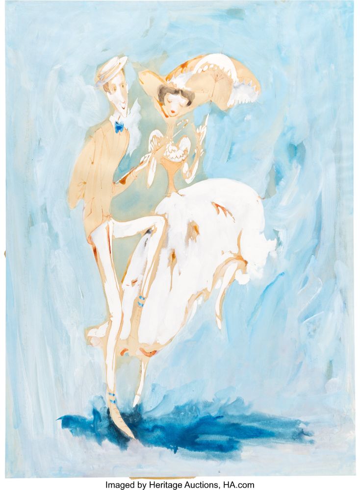 Vintage original painting created by costume designer Tony Walton rendered in watercolor on art paper and measuring 16" x 21.75". Dynamic concept artwork featuring beloved characters Bert (Dick Van Dyke) and Mary Poppins (Julie Andrews) from the classic "Jolly Holiday" sequence. Walton, who was married to Andrews at the time, contributed both costume and set designs for the classic musical and his costume designs for the film earned him an Academy Award nomination. 

From: https://entertainment.ha.com/itm/movie-tv-memorabilia/original-art/mary-poppins-walt-disney-1964-dick-van-dyke-bert-and-julie-andrews-mary-poppins-concept-painting-by-tony-walton/a/7392-89323.s?ic4=GalleryView-ShortDescription-071515#