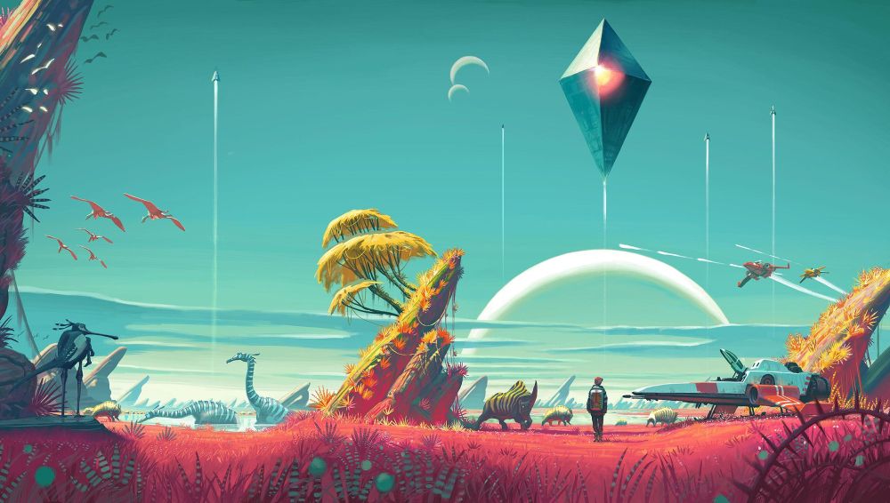 A vibrant and colorful panoramic artwork, the iconic key art for the video game "No Man's Sky."

The scene depicts a fantastical alien landscape under a bright teal sky. A lone explorer in a spacesuit stands on a hill covered in reddish-pink vegetation, looking out at a diverse ecosystem. Strange creatures populate the world, including a large, long-necked dinosaur-like animal, a herd of striped quadrupedal beasts, and pterodactyl-like creatures flying in the distance.