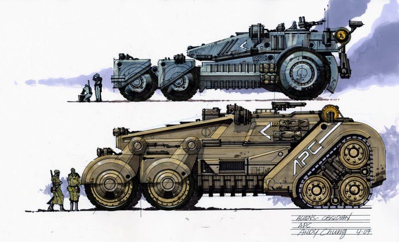 A piece of concept art by artist Andy Chung, showcasing two variations of a futuristic Armored Personnel Carrier (APC).

The image displays two side-profile views of the same massive, low-slung vehicle, which has a unique articulated design. The front section has two very large wheels, while the rear section has a combined large wheel and tank-tread system.

The top vehicle is rendered in a weathered blue-grey color scheme, with two small figures in spacesuits next to it for scale. The bottom vehicle is rendered in a desert-tan color, with the letters "APC" on its side and two soldiers standing next to it for scale, emphasizing its imposing size.