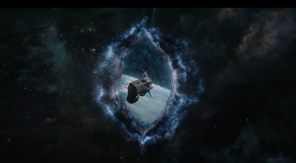 A spaceship flying through a glowing, portal-like opening in space. The portal is surrounded by a swirling, blue energy field.