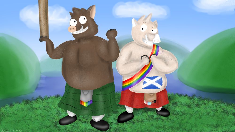 Gavin and Lyle are two muscular gay Scottish boars. Gavin is a brown boar in a green kilt, holding a caber in one hand. Lyle is a light-brown boar in a red kilt with a rainbow sash and Scottish flag tattoo; he flexes his arms.