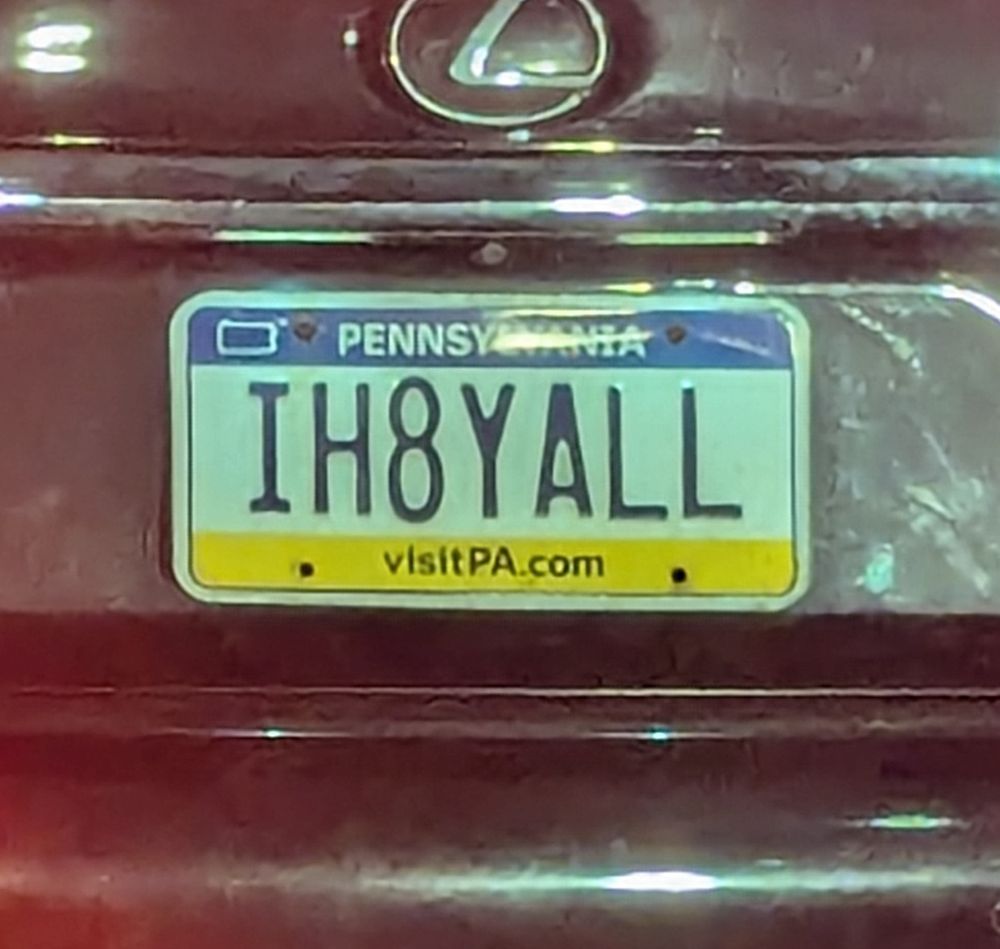 License plate that reads "IH8YALL"