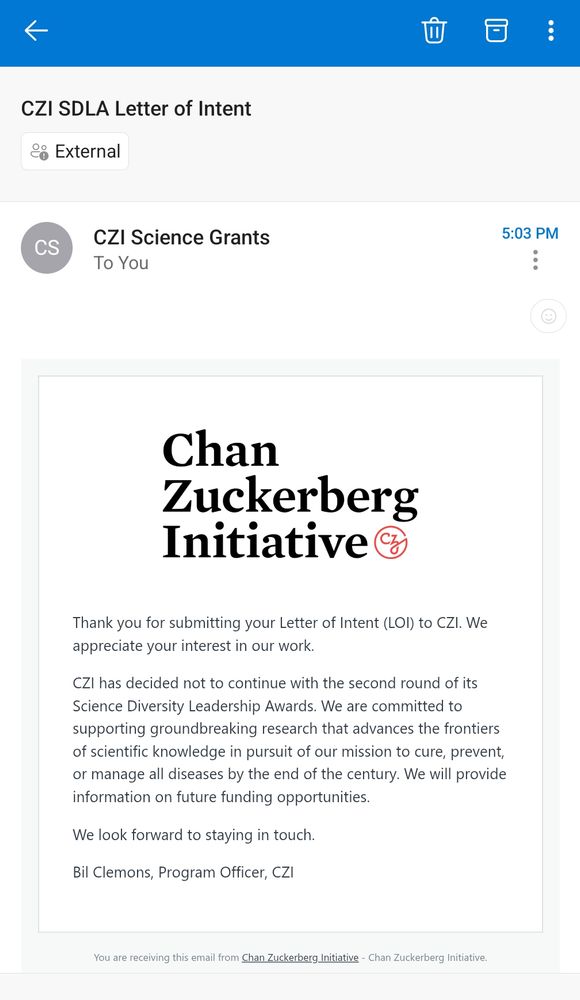 Email from Chan Zuckerberg Initiative cancelling the Science Diversity Leadership Award