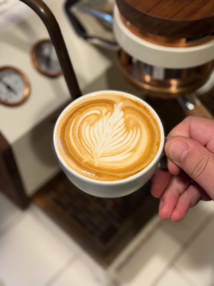 A cappuccino being held in front of a an espresso machine with milk art that’s too reminiscent of an onion to be considered a rosetta