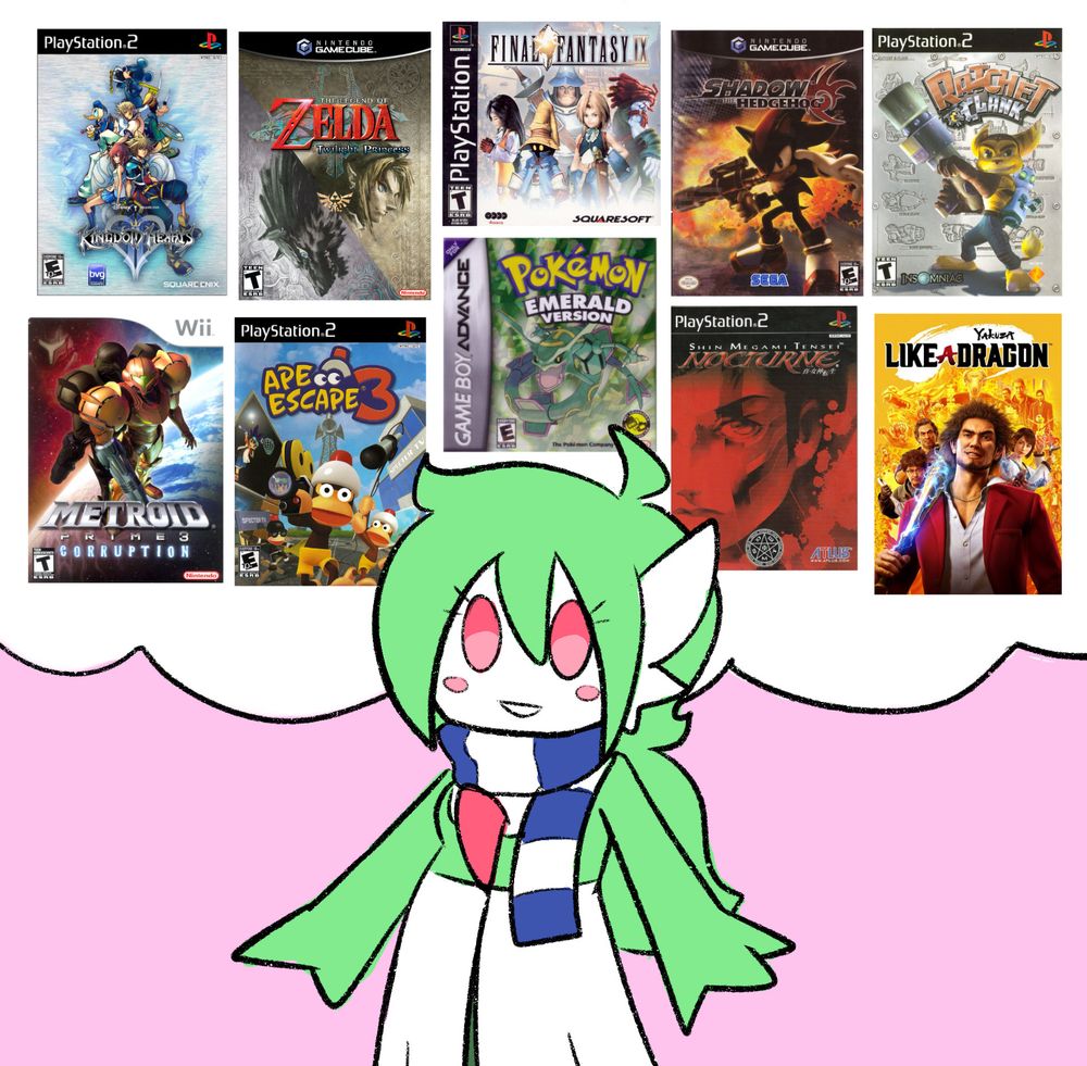 Luna with ten video games displayed behind her:

Pokémon Emerald Version, Shin Megami Tensei: Nocturne, FInal Fantasy IX, Shadow the Hedgehog, Ratchet & Clank, Yakuza: Like a Dragon, Kingdom Hearts II, Ape Escape 3, Metroid Prime 3: Corruption, The Legend of Zelda: Twilight Princess