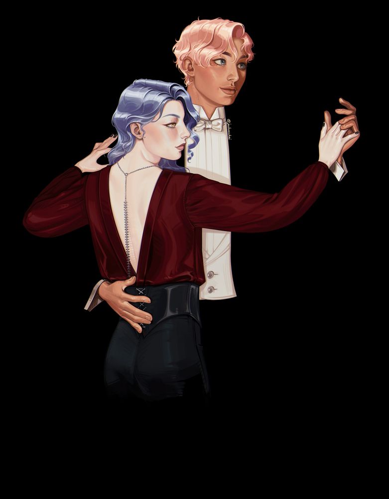 Artists' OC, Shion and Ryuu, dancing on a black background. Image is referencing J. C. Leyendecker's Arrow Collar advertisements.