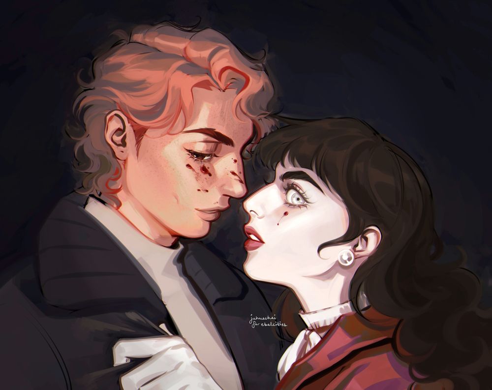 An orange haired man and black haired woman, facing each other but looking towards the viewer. Both have blood splatters on their faces.