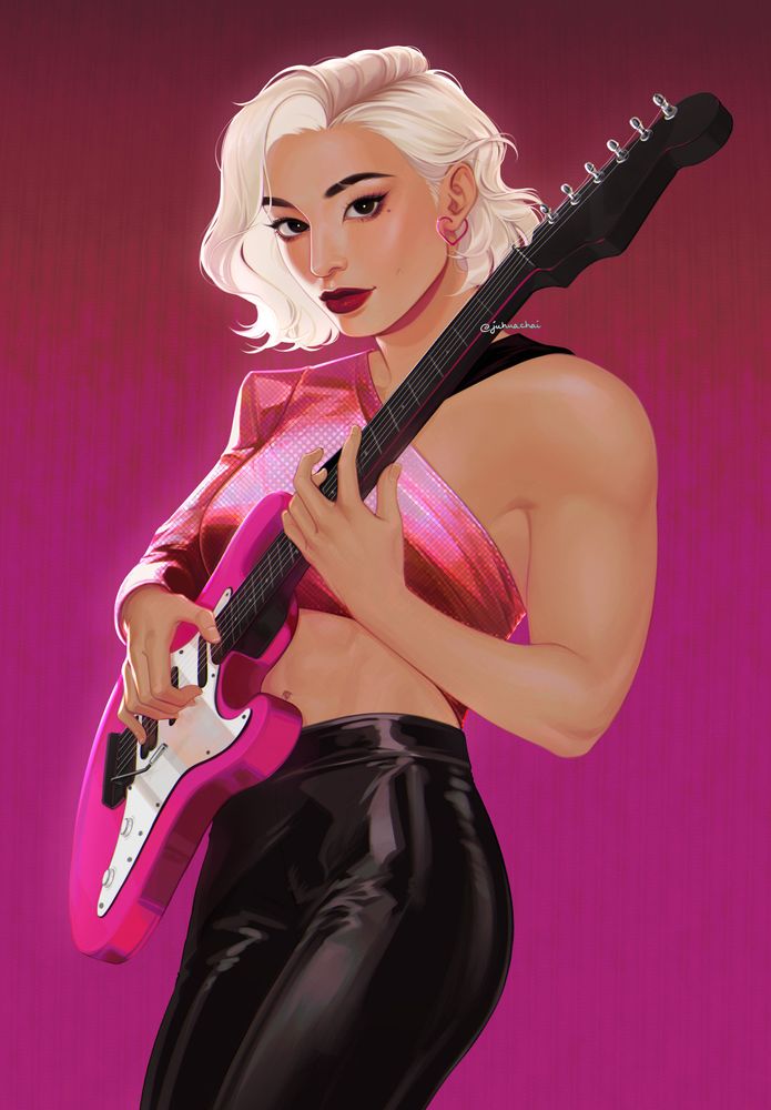 Artist's OC Kaya, a blonde, muscular woman with a hot pink bass guitar.