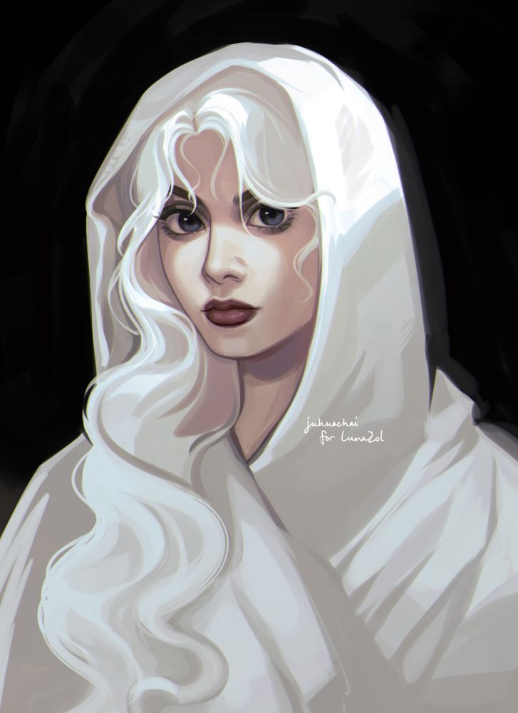 A portrait of a pale, white-haired woman cloaked in a white silk robe. She stares intensely at the viewer.