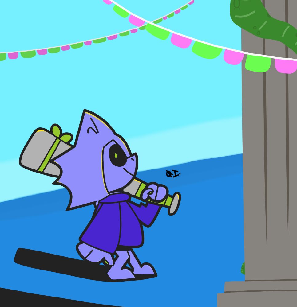 Azul is on the other side of the pillar, facing towards Pepper. She's looking at you with a friendly smile and holding her bat, Lil' Azul, on her shoulder.