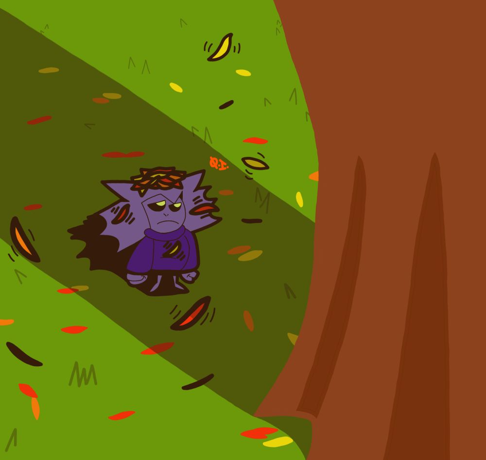 Azul's standing in front of a large tree. She has an annoyed expression because of the leaves that landed on her head.