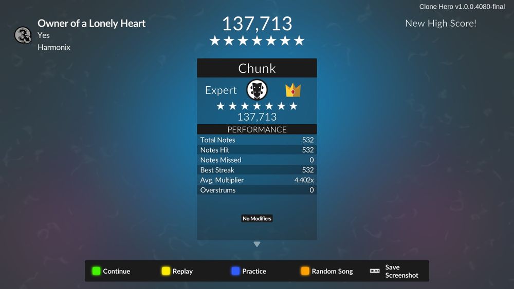 A screencap of a post-game stats page in Clone Hero.

Difficulty is on Expert
Instrument is Bass
Total score is 137,713
Song is "Owner of a Lonely Heart" by Yes
Charter is Harmonix

There is a crown icon that signifies a "full combo", which is backed up by a "Performance" menu shows 532/532 notes hit.

Other unimportant info, like overstrums, average multiplier, and a message in the top right saying "New High Score!", is also shown.