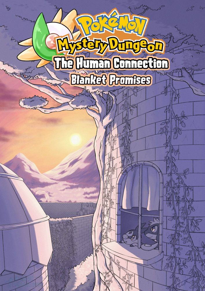 Artwork of a castle and tower surrounded by trees at sunset. Two Pokemon, a Tepig and a Riolu, are looking out the window.