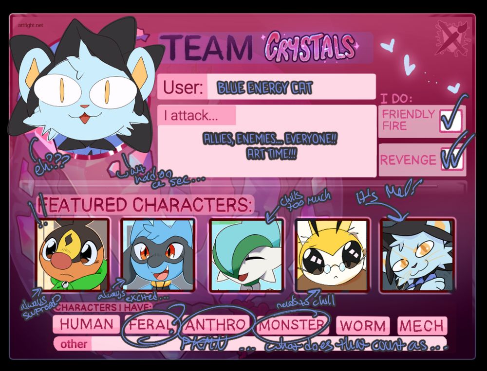 Me and all my blorbos hastily put togther for artfight this year! Mainly me and my PMD ocs.