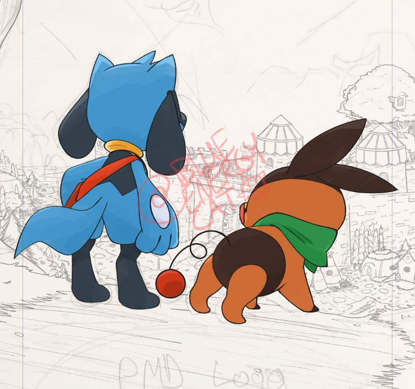 Burst and Lumen stand with their backs to the camera, looking down upon Castle town. The piece is unfinished.