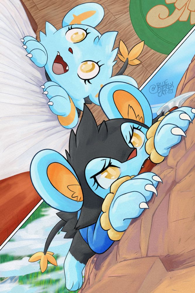 At the top perspective, Louise as a shinx climbs sheets on a piece of furniture, with dubious success (she's just starting). In the bottom  perspective, Louise as a luxio climbs a sheer rock face with just her strength, her claws, and the bare minimum of equipment (she's come a long way)!