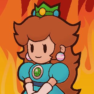 old emilyFine emote with the original concept for my character, which was just slightly edited and recoloured from the princess peach sprite from paper mario (ttyd i believe). The fire background is just stock/clipart or something.