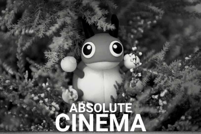 Ledyba figurine from pokemon card (HGSS Base set) with a straight face and hands up, the image was made black and white and the text ABSOLUTE CINEMA appears at the bottom