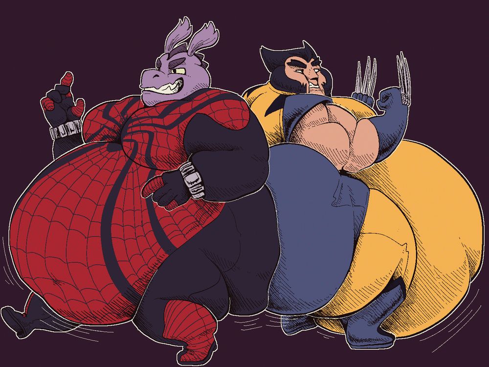 telstart of a fat moth croc in a tight spider-man suit back to back with an equally fat wolverine from marvel's X-men