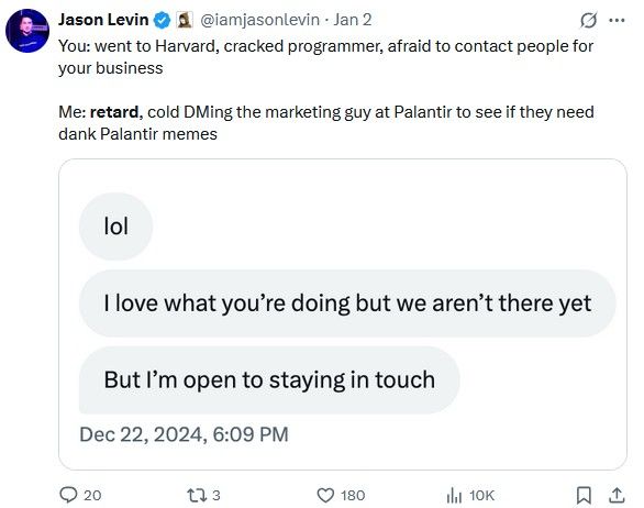 Jason Levin tweet, presumably to a marketing officer at Palantir.