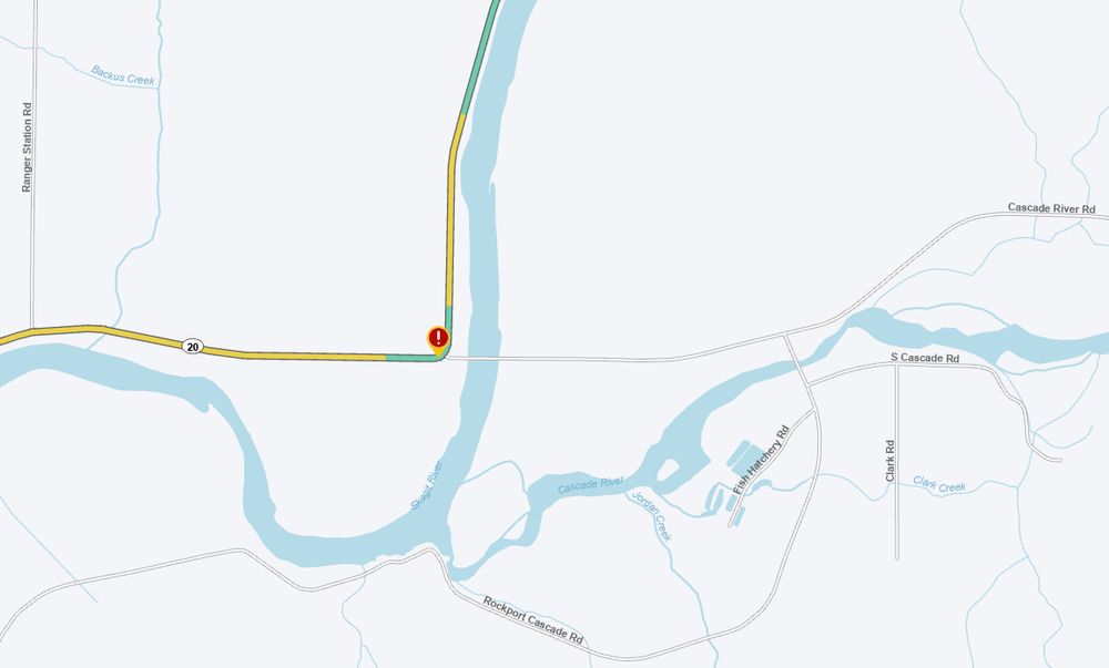 A map with a red exclamation point showing where the Marblemount Bridge will close on Thursday, Nov. 13.

