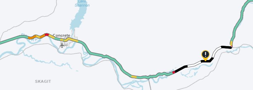 A map showing the location of a closure on SR 20 in Marblemount due to water over the roadway. 