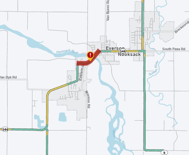 A map of Everson with a red line and exclamation point showing where traffic will alternate across the Nooksack River Bridge this week. 
