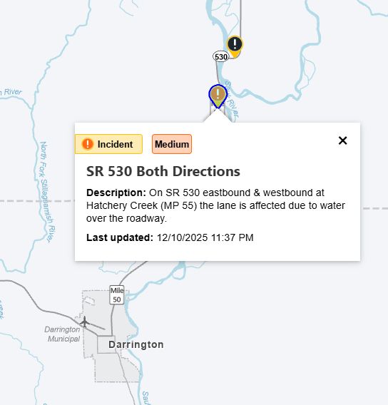 Image shows travel map where both directions of SR 530 are closed north of Darrington.
