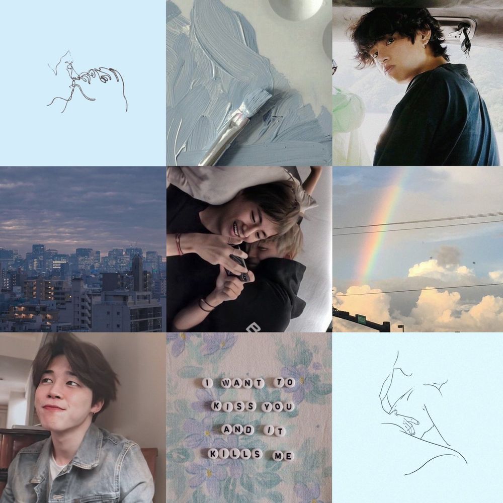 moodboard: a blue background with an outline of two faces, blue paint and paintbrush, taehyung from in the soop with fluffy black hair looking back over his shoulder, a blue toned city at twilight, vmin laying in bed watching something on taehyung's phone, a rainbow in a sky full of clouds, jimin in a jean jacket and fluffy hair - looking away with a closed lip smile, a background with painted blue flowers and beads that spell out "i want to kiss you and it kills me", a blue background with an outline of someone lying down and someone else grabbing their waist