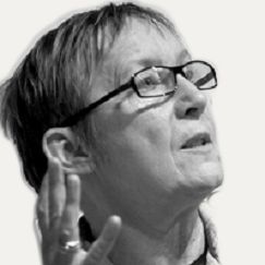 Photo shows Liz Kelly speaking