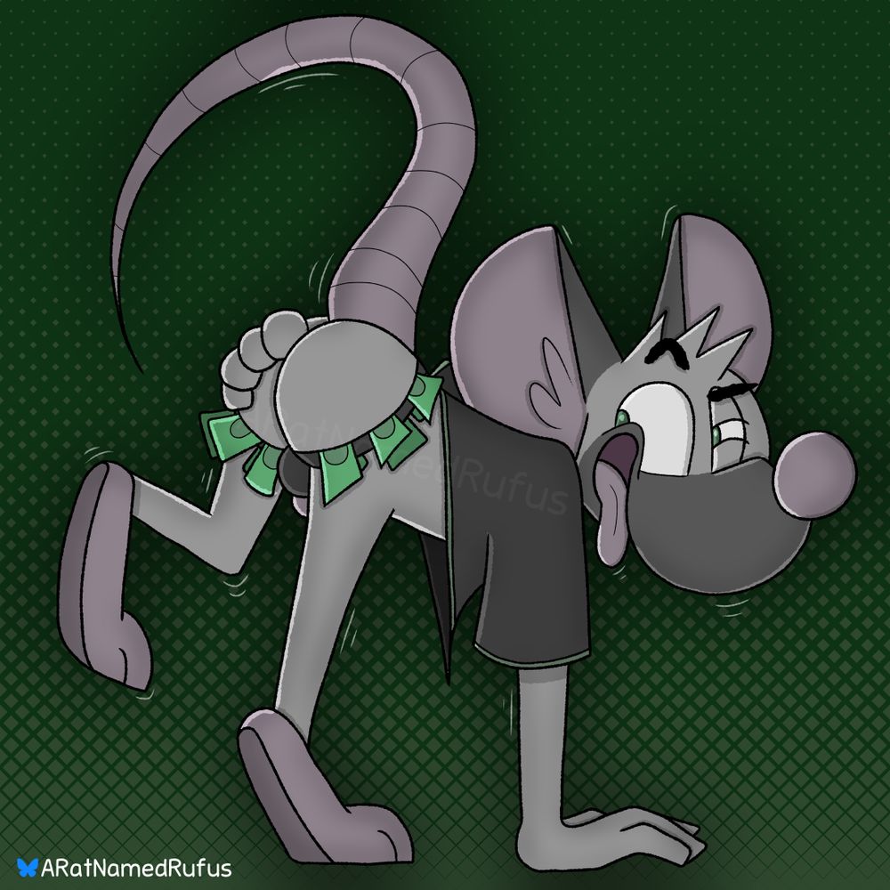 A cartoon rat wearing a jockstrap bends over and presents his backside to the viewer. The jockstrap has multiple dollar bills folded into it. 