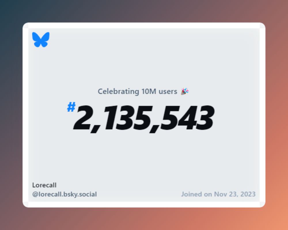 A virtual certificate with text "Celebrating 10M users on Bluesky, #2,135,543, Lorecall ‪@lorecall.bsky.social‬, joined on Nov 23, 2023"