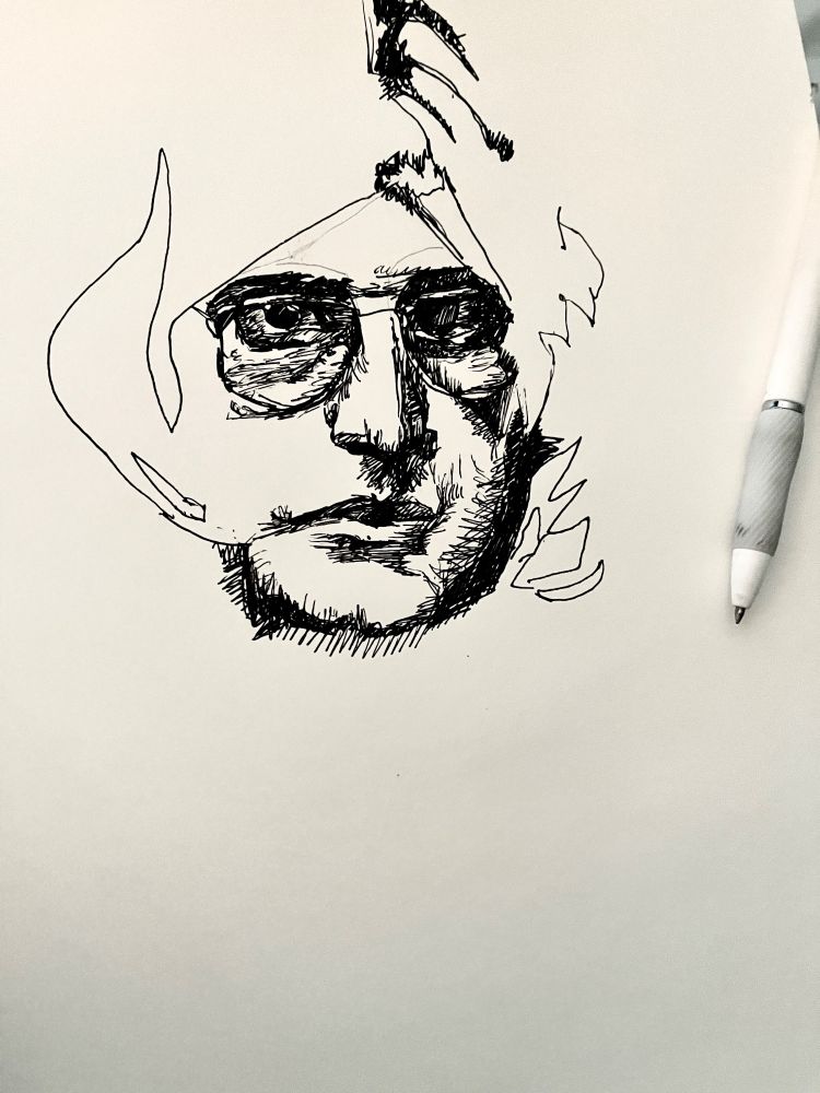 A photo of a sketch in progress by Jen Gauerke. The eyes, glasses, nose, lips, chin are sketched in. 