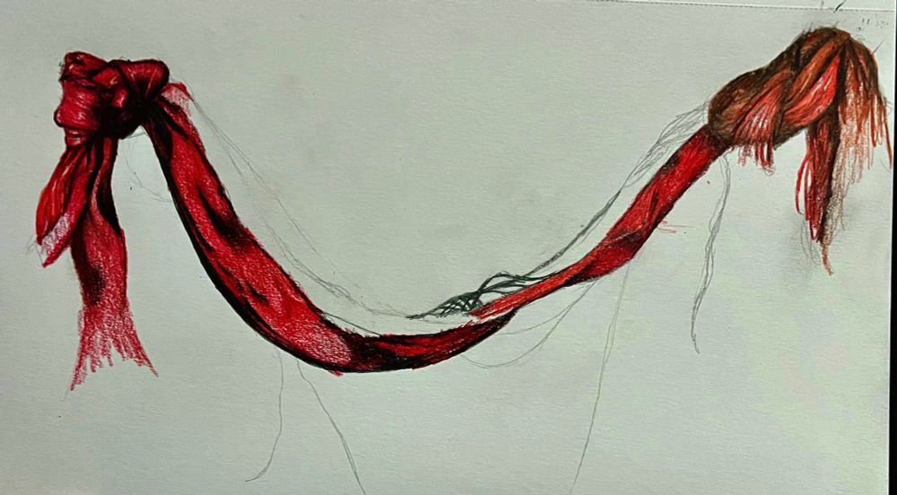 Photo of an artwork by Jen Gauerke. A white background. A draped thin piece of fabric, red, knotted on the left and right side, with fringe and threads hanging down. The is a drape in the center, as if it holding something, or waiting to hold something. 

This work came to mind when thinking about how I might create art around the life event of choosing infertility. Within 2 weeks of my youngest child going to college. Lots of thoughts about connections, how these small organs - ovaries and fallopian tubes - determine relationships, birth, gender expectations, hormones ->mood, body shape, etc. Also, people with ovaries bond around these experiences. Growing up in Mormonism I was taught my purpose in life was motherhood. Now that I’ve left that dogmatic place, it’s empowering to show that my purpose and value are not in fertility. As beautiful as it was at times, and the amazing humans that came from my fertility I embrace change and renewal. 