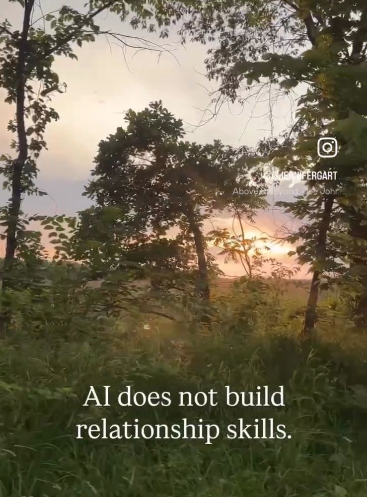 Sunset hike with trees and tall grass prairie. Text overlay:
 Al does not build relationship skills.