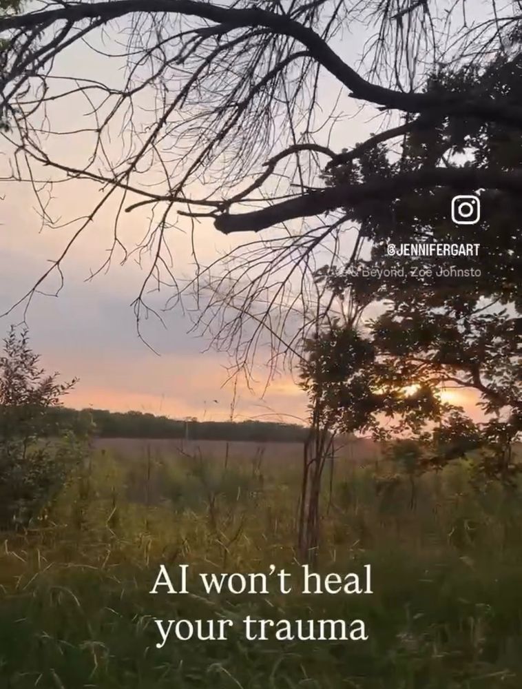 Sunset hike with trees and tall grass prairie. Text overlay:
 Al won't heal your trauma