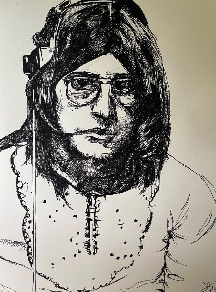 A photo of a sketch by Jen Gauerke. A rendering of Ozzy Osbourne in younger years, headphones on, connected to music, with long hair, round glasses and melancholic expression. 
